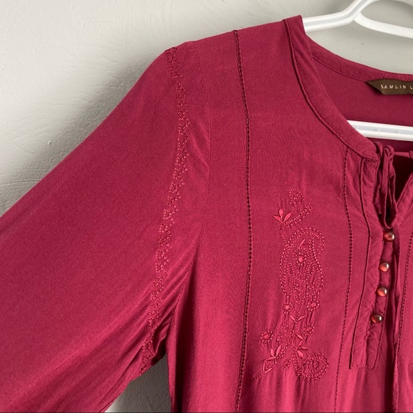 SAMLIN Red Blouse with Embroidered Design Buttoned 3/4 Sleeves - Picture 3 of 12